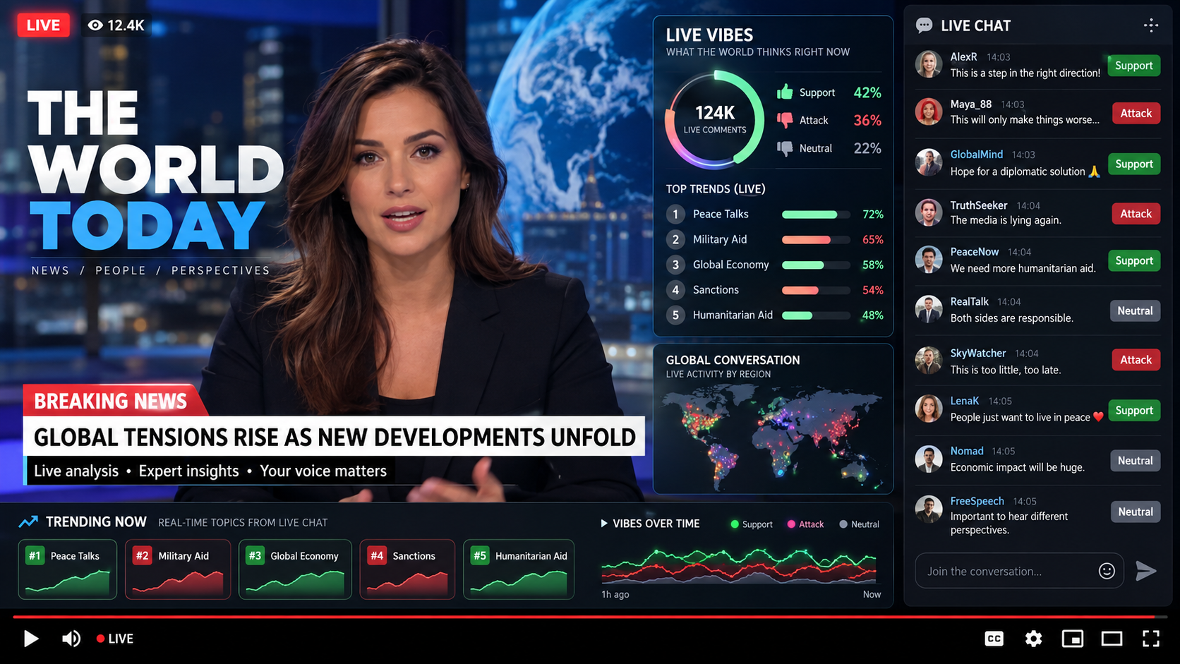 YBees live monitor showing a news broadcast, live vibes, trending topics, and a live chat
